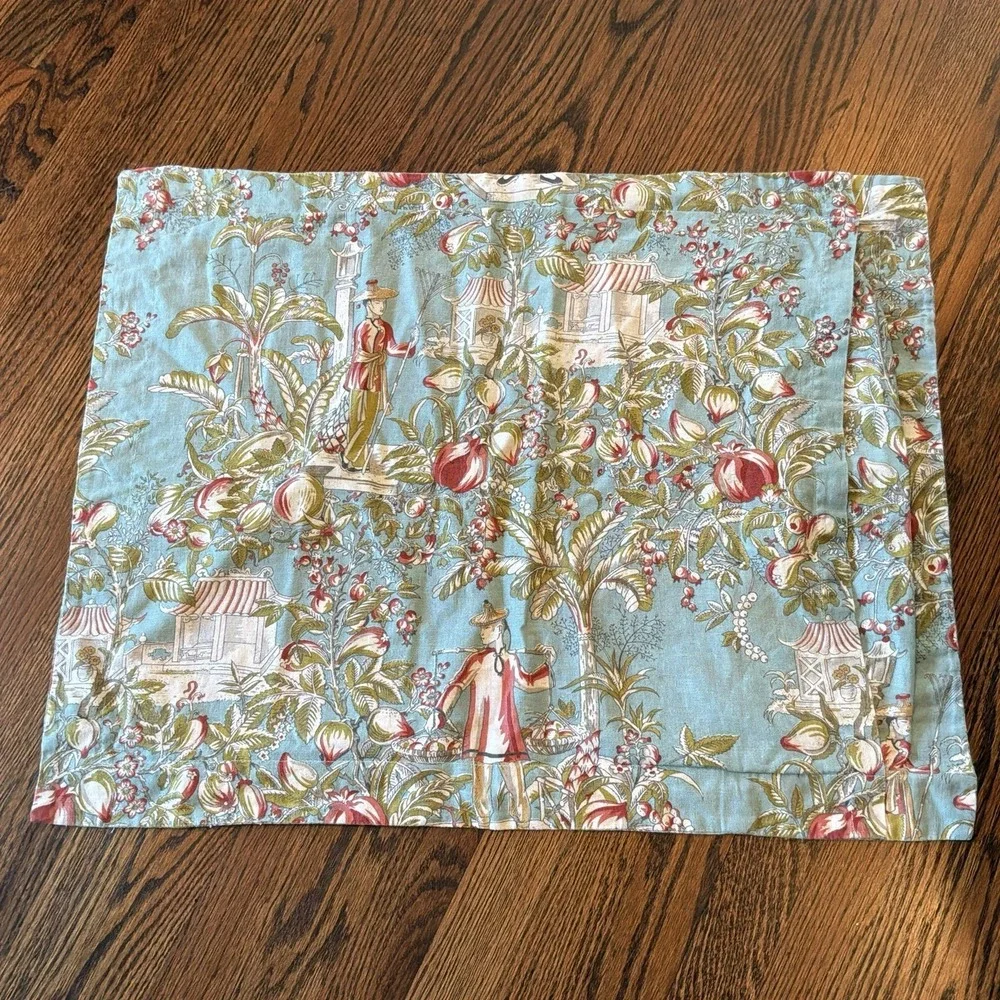 RARE POTTERY BARN Asian Toile Chinoserie Pagoda Linen-Cotton Standard Sham EUC